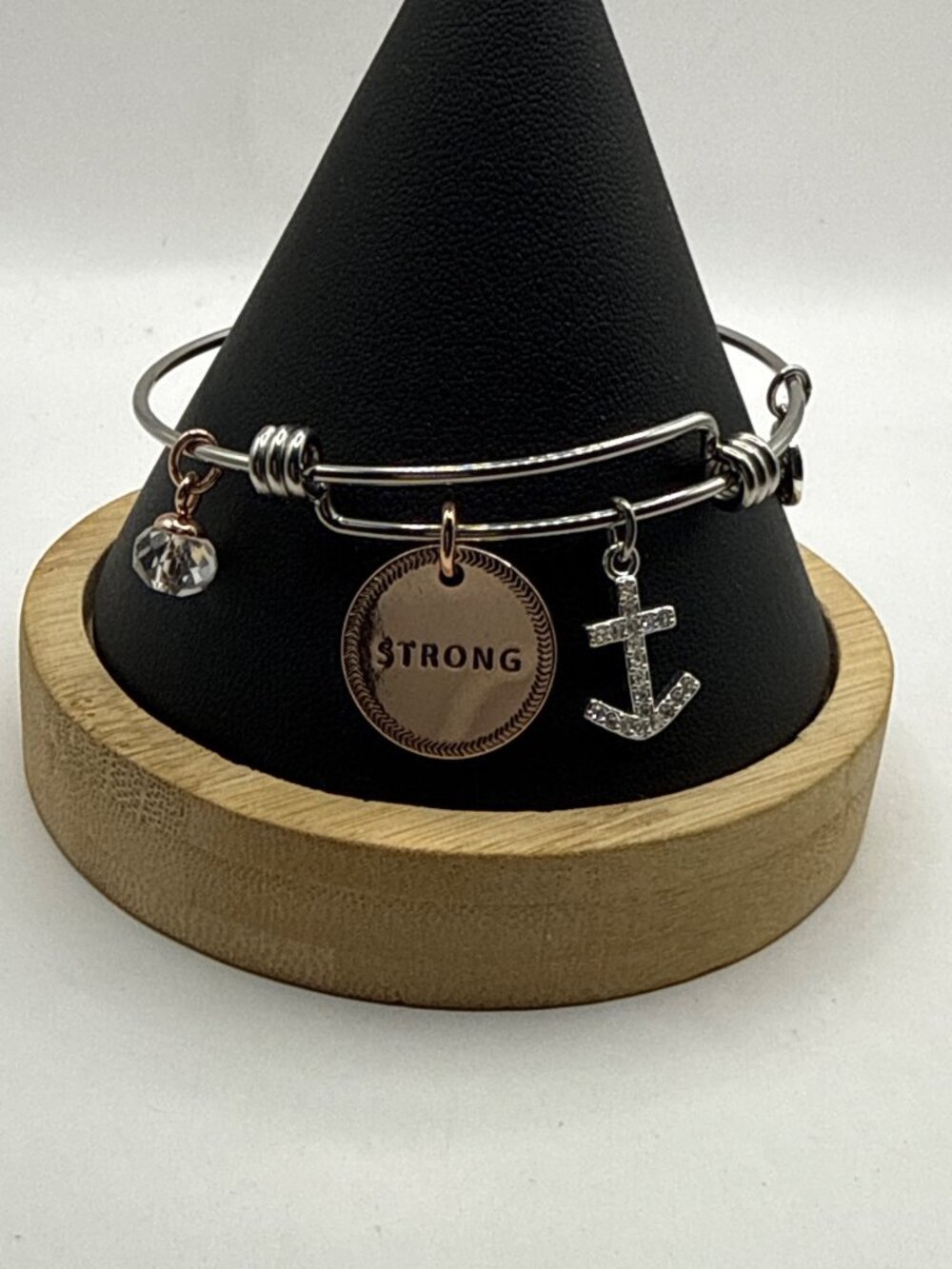 Love This Life Silver Wire Bangle Bracelet Anchor Strong Charm Rhinestone